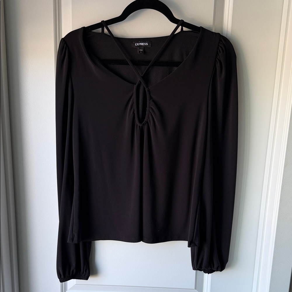 Express Black Long Sleeve Keyhole Strappy Blouse